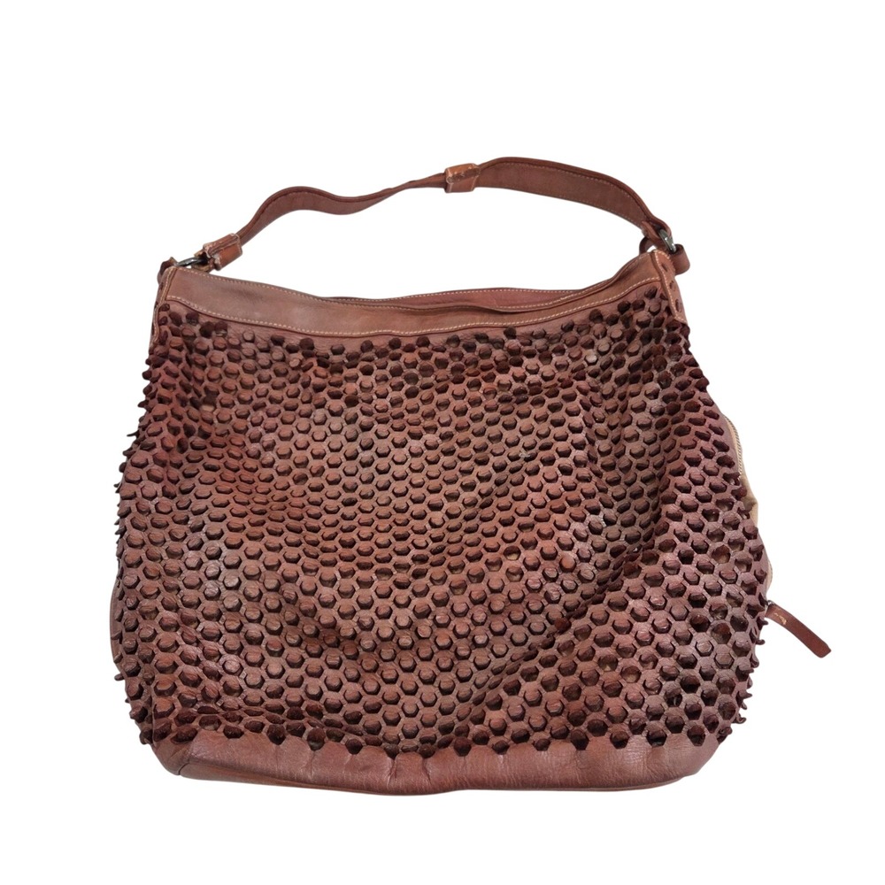 Reptile's House Italy Brown Leather Laser Cut 3D Hexagon Studded Hobo Bag Large